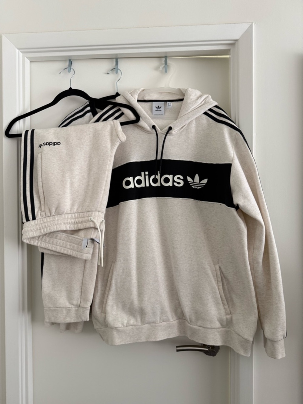 adidas White Tee with Black Ribbed Collar and Trefoil Logo, sweatpants,  hoodie